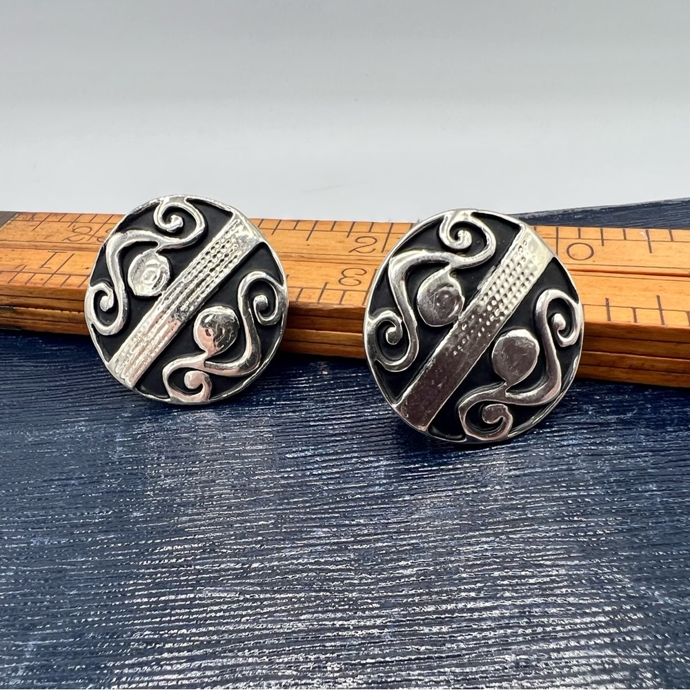 Black & silver vintage clip on chunky earrings geometric abstract